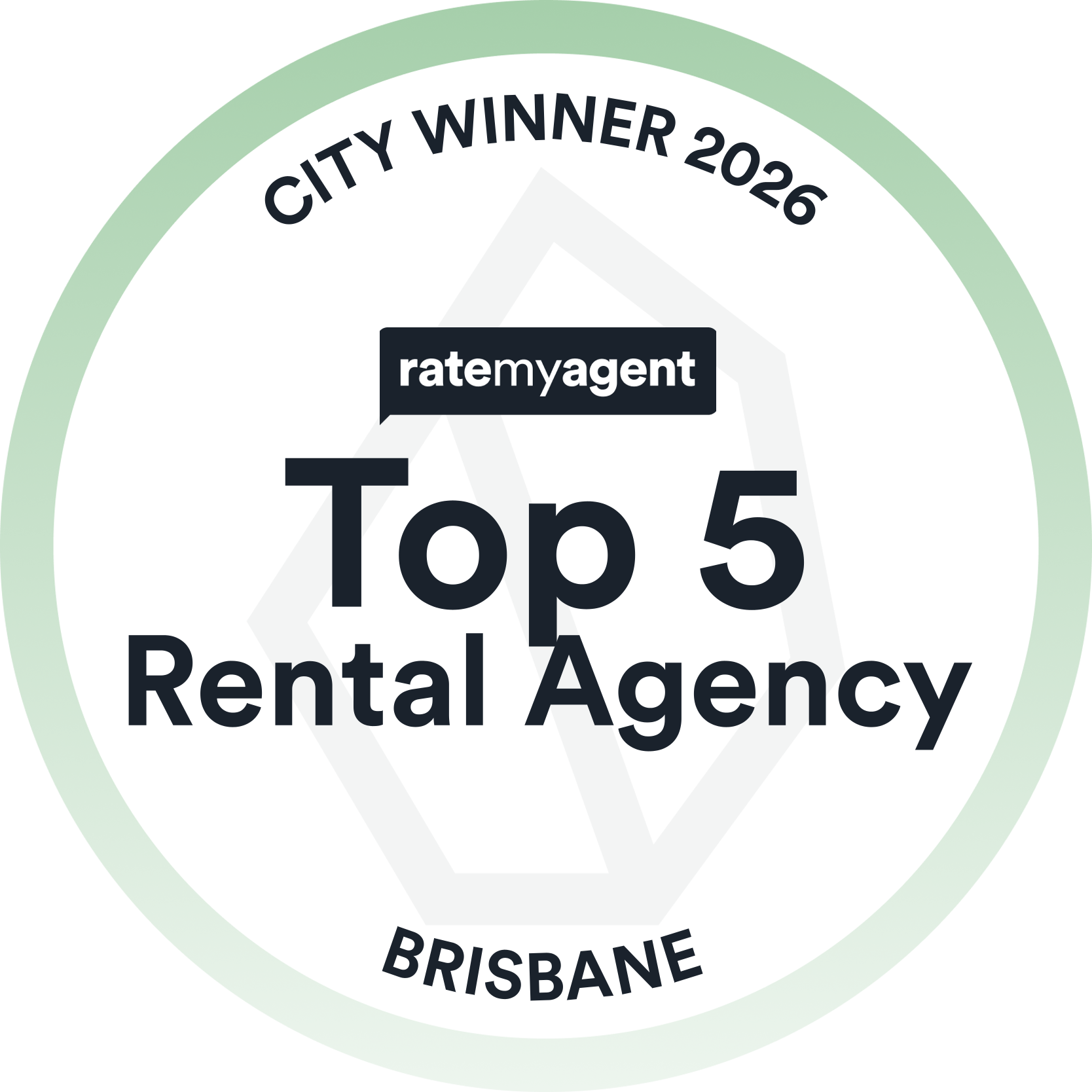 RateMyAgent Awards 2026 City Winner badge, Top 5 Rental Agency, Brisbane