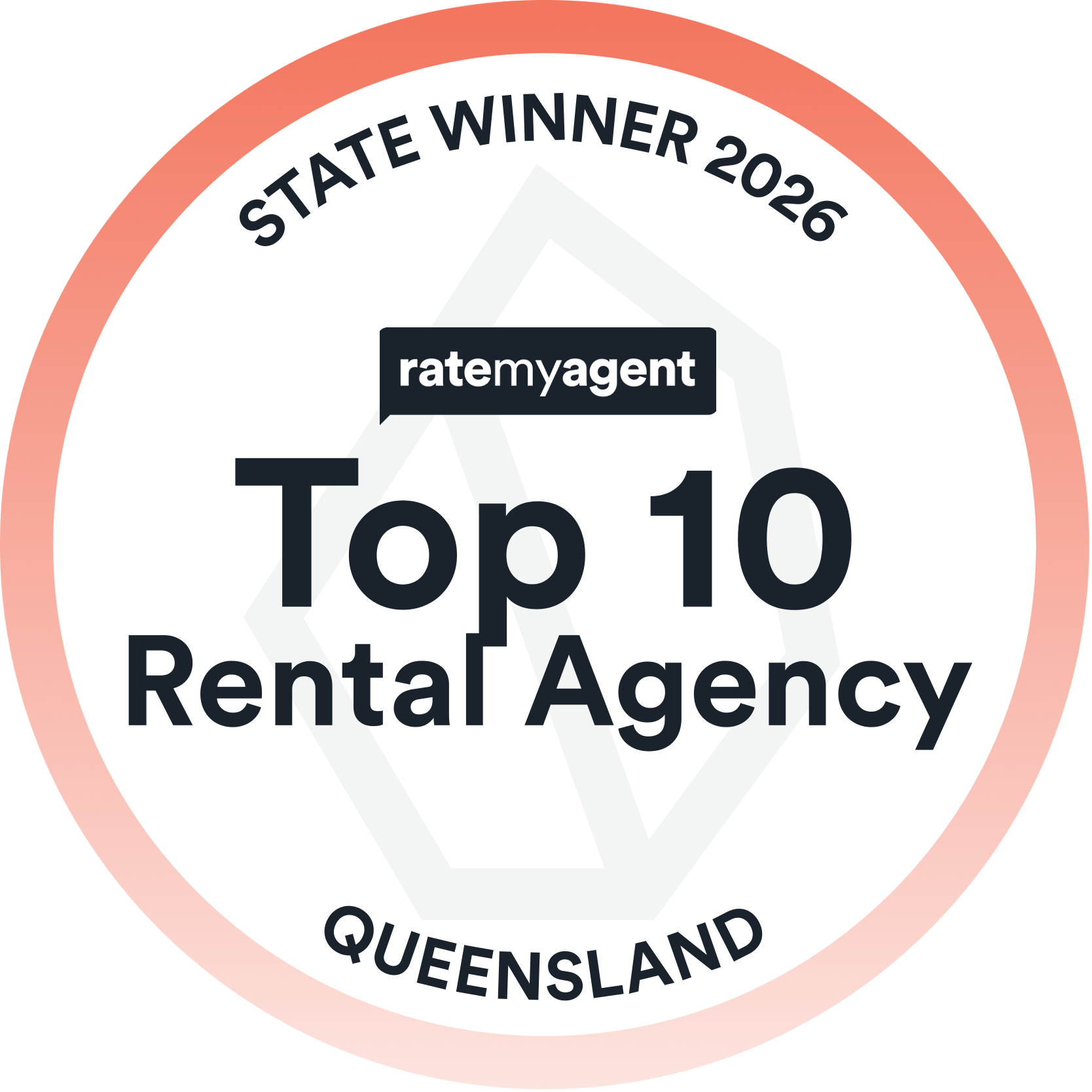 RateMyAgent Awards 2026 State Winner badge, Top 10 Rental Agency, Queensland