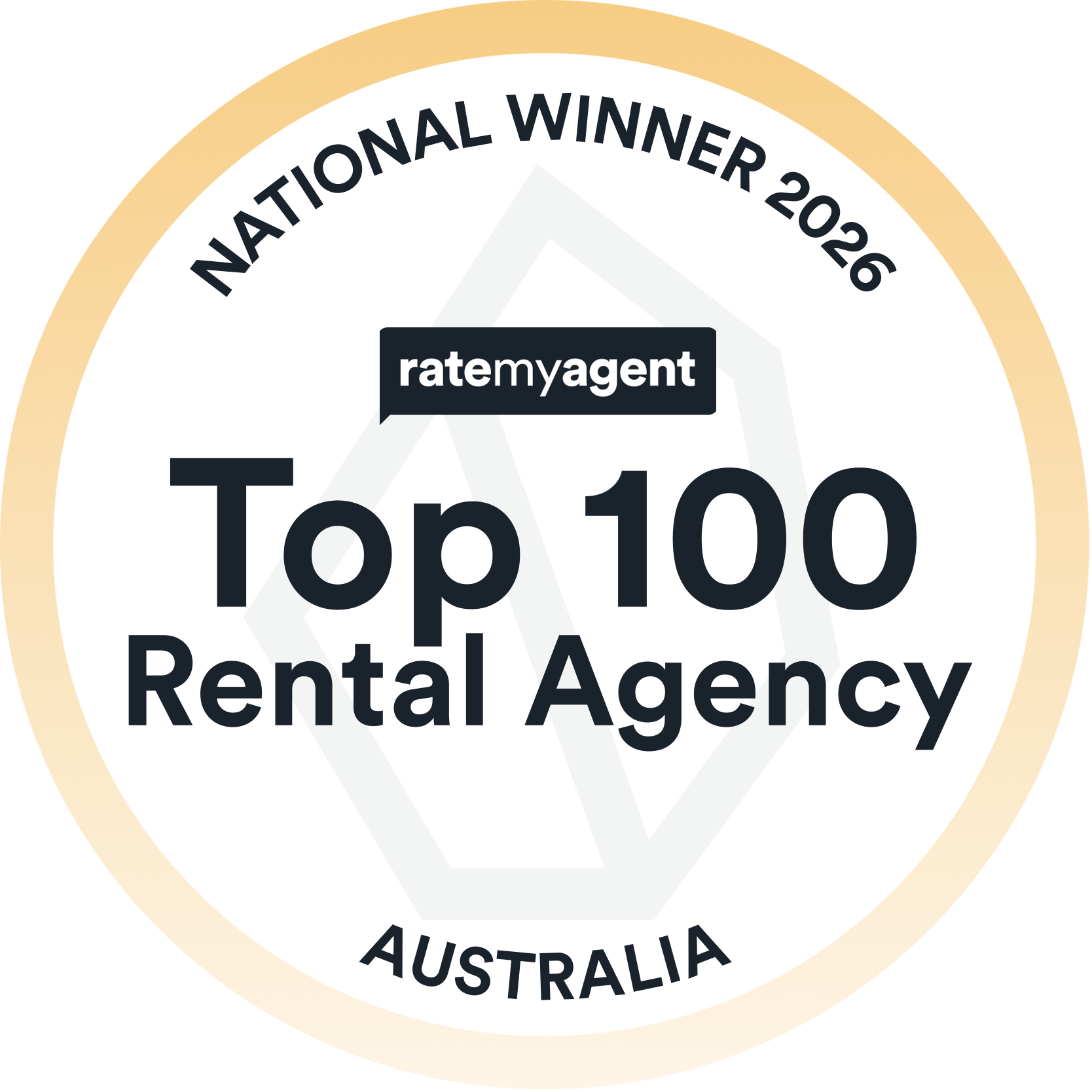RateMyAgent Awards 2026 National Winner badge, Top 100 Rental Agency, Australia